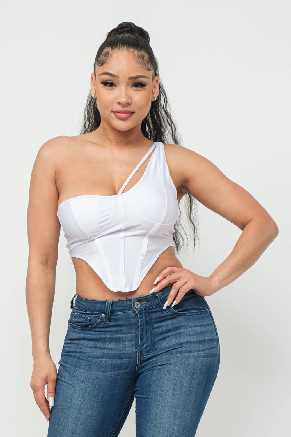 Boned Bodice Corset Style One Shoulder Crop Top