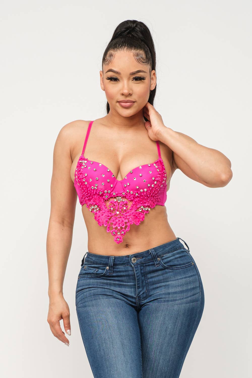 Rhinestone Lave Detail Padded Hanky Bustier Top