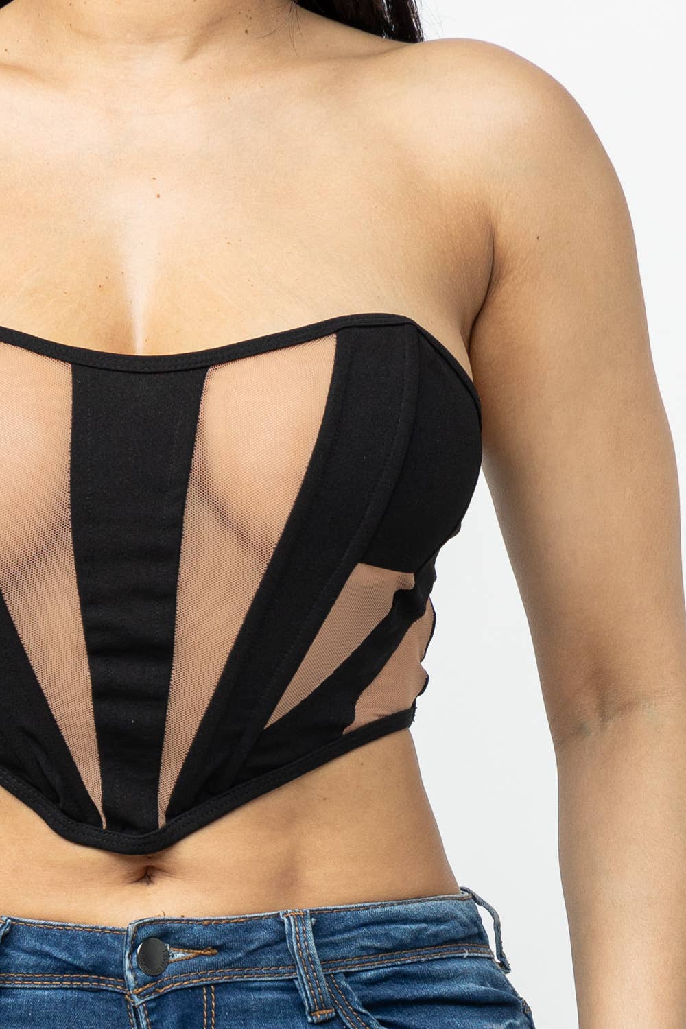 Front Contrast Power Mesh Corset Style Detail Top