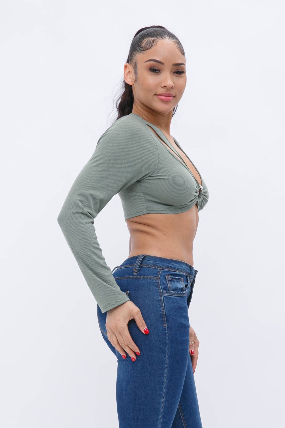 Rib Front Cut Out Shoulder O Ring Trim Long Sleeve Crop Top