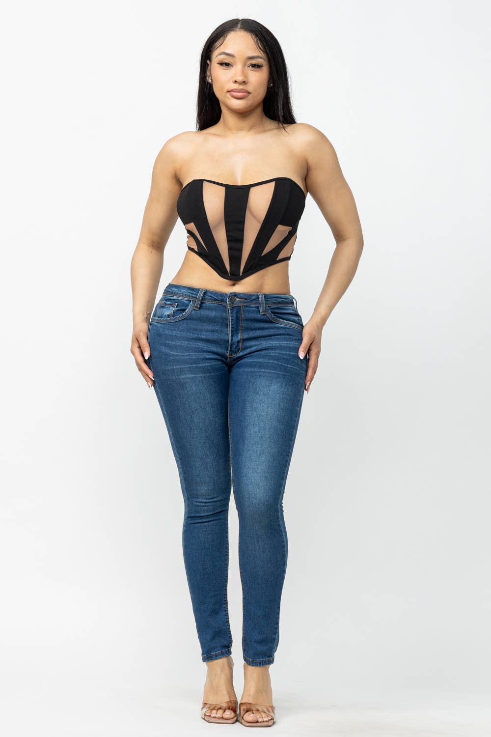 Front Contrast Power Mesh Corset Style Detail Top