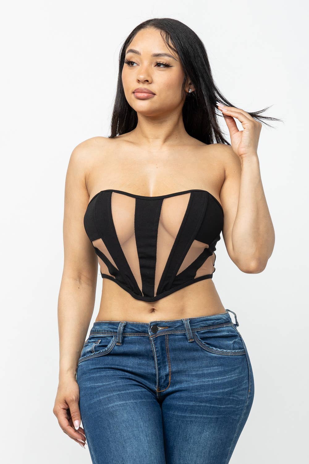 Front Contrast Power Mesh Corset Style Detail Top