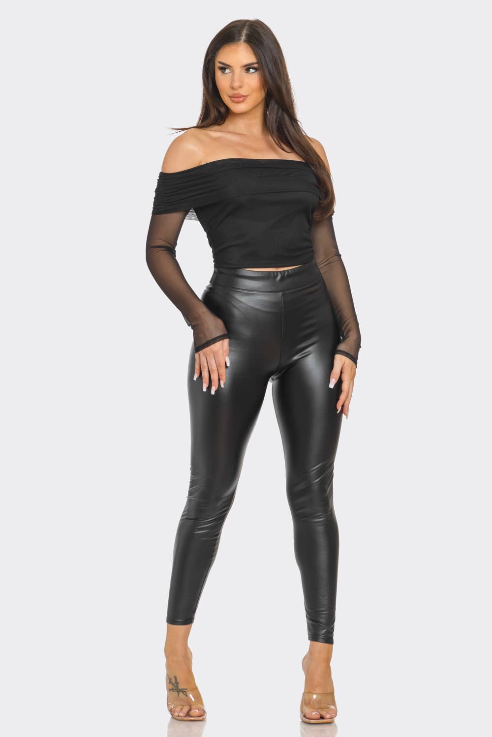 Mesh Front Inside Lining Off Shoulder Shirring Top
