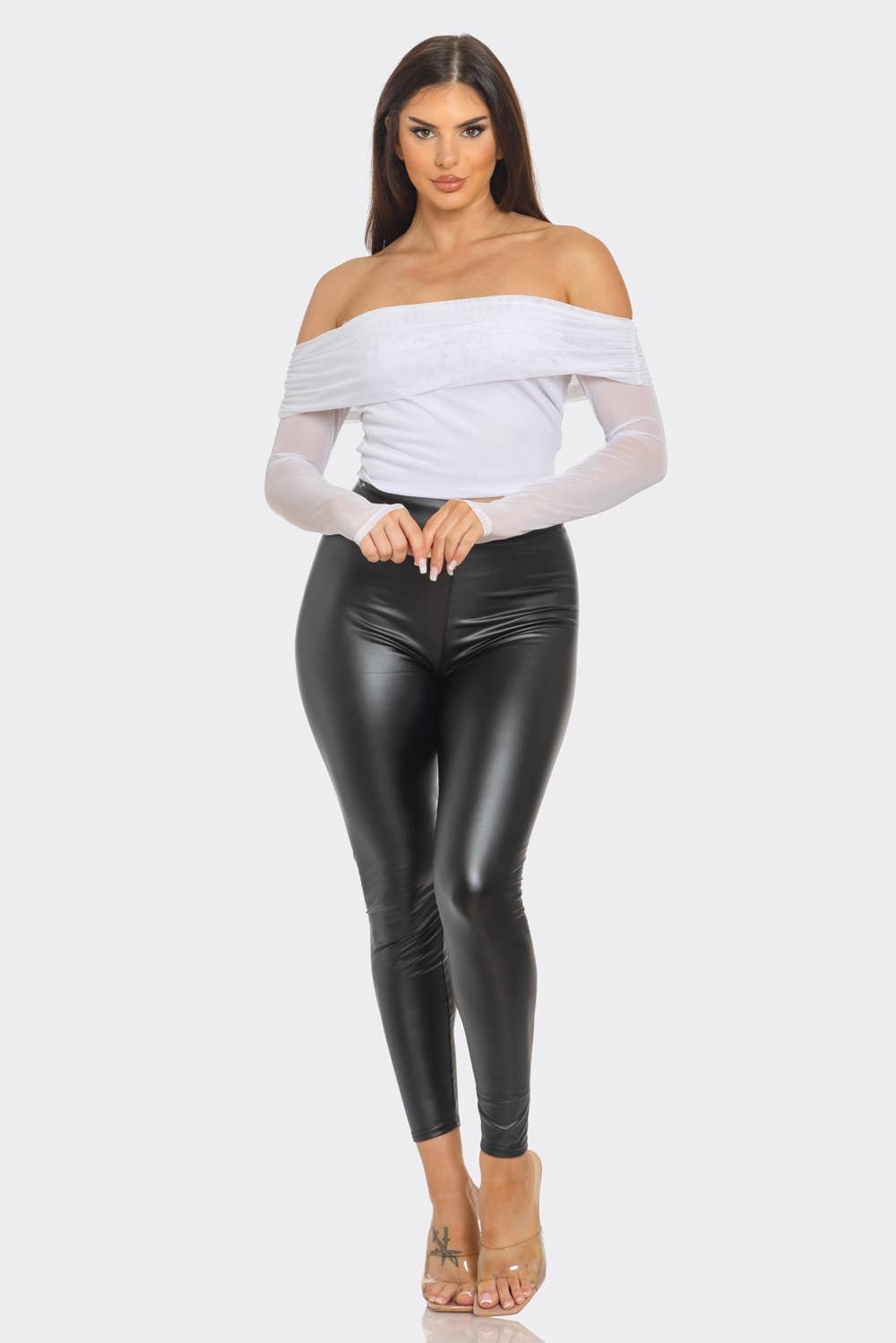 Mesh Front Inside Lining Off Shoulder Shirring Top