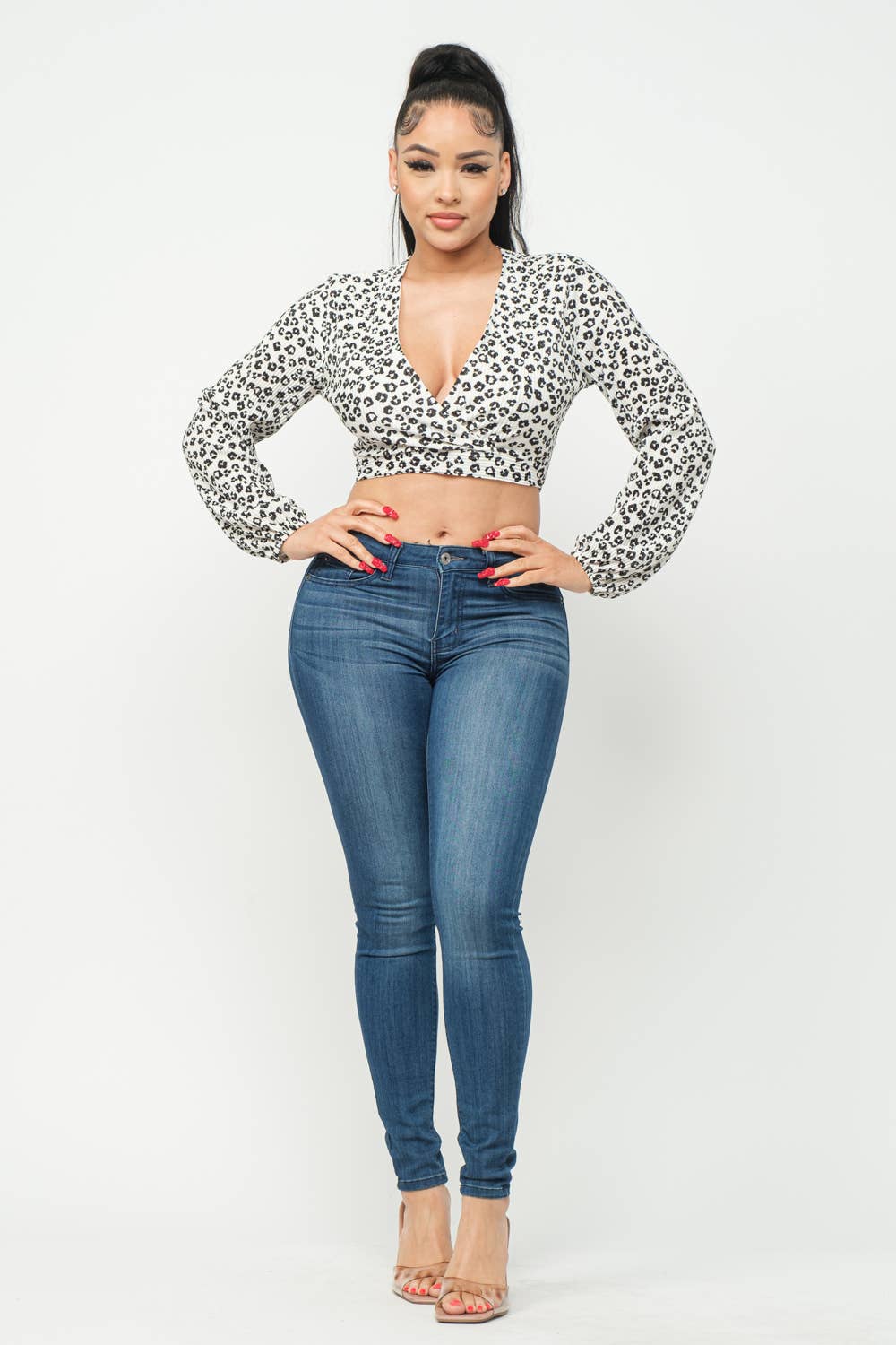 Plisse Cheetah Print Open Front Deep V-Neck Top