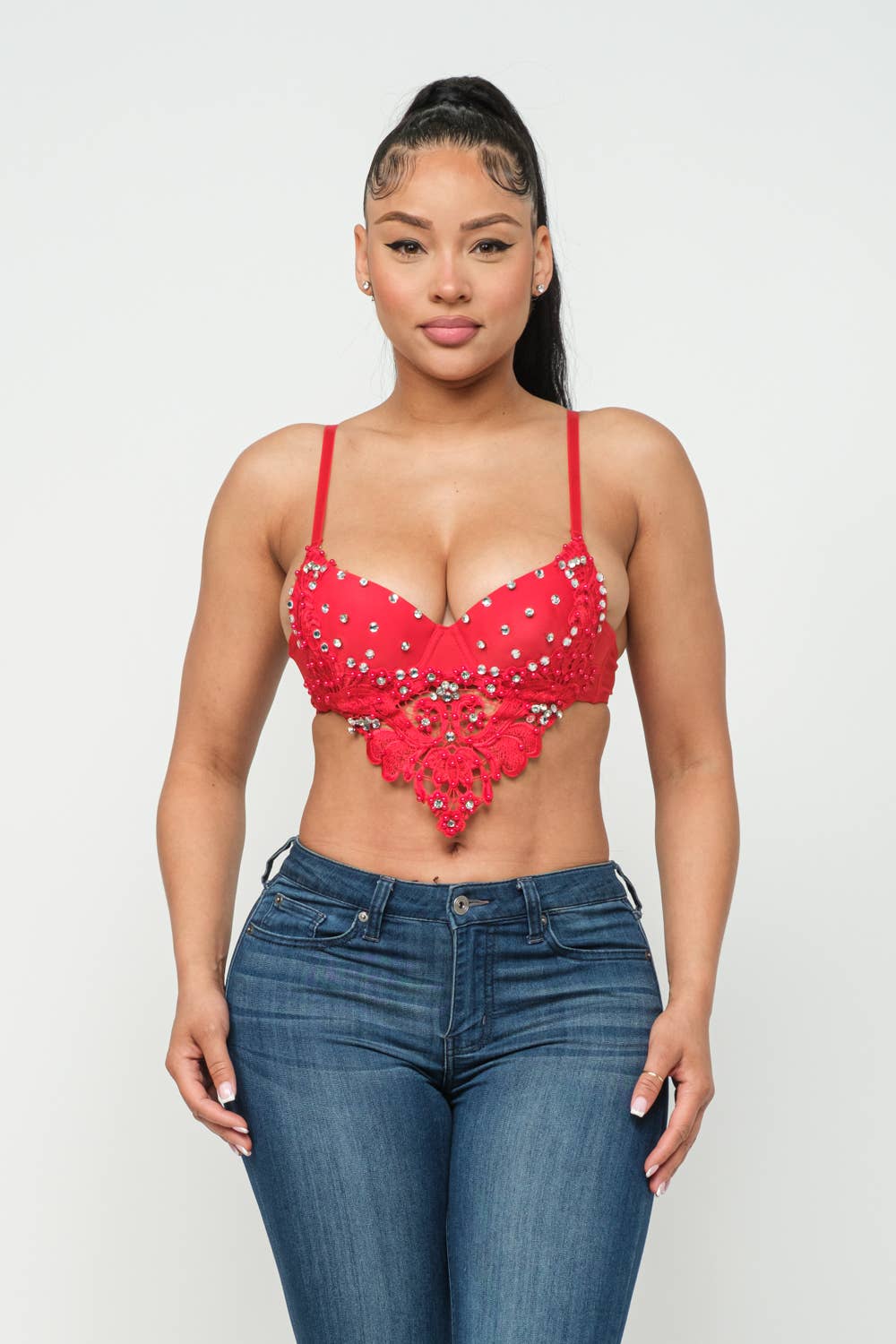 Rhinestone Lave Detail Padded Hanky Bustier Top