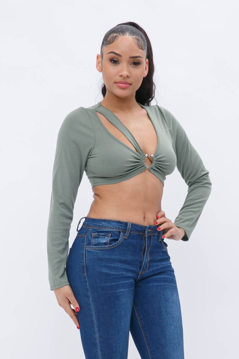Rib Front Cut Out Shoulder O Ring Trim Long Sleeve Crop Top