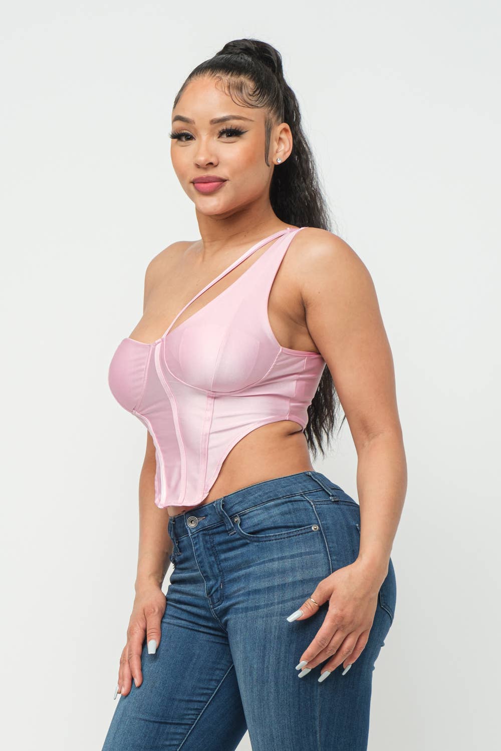 Boned Bodice Corset Style One Shoulder Crop Top