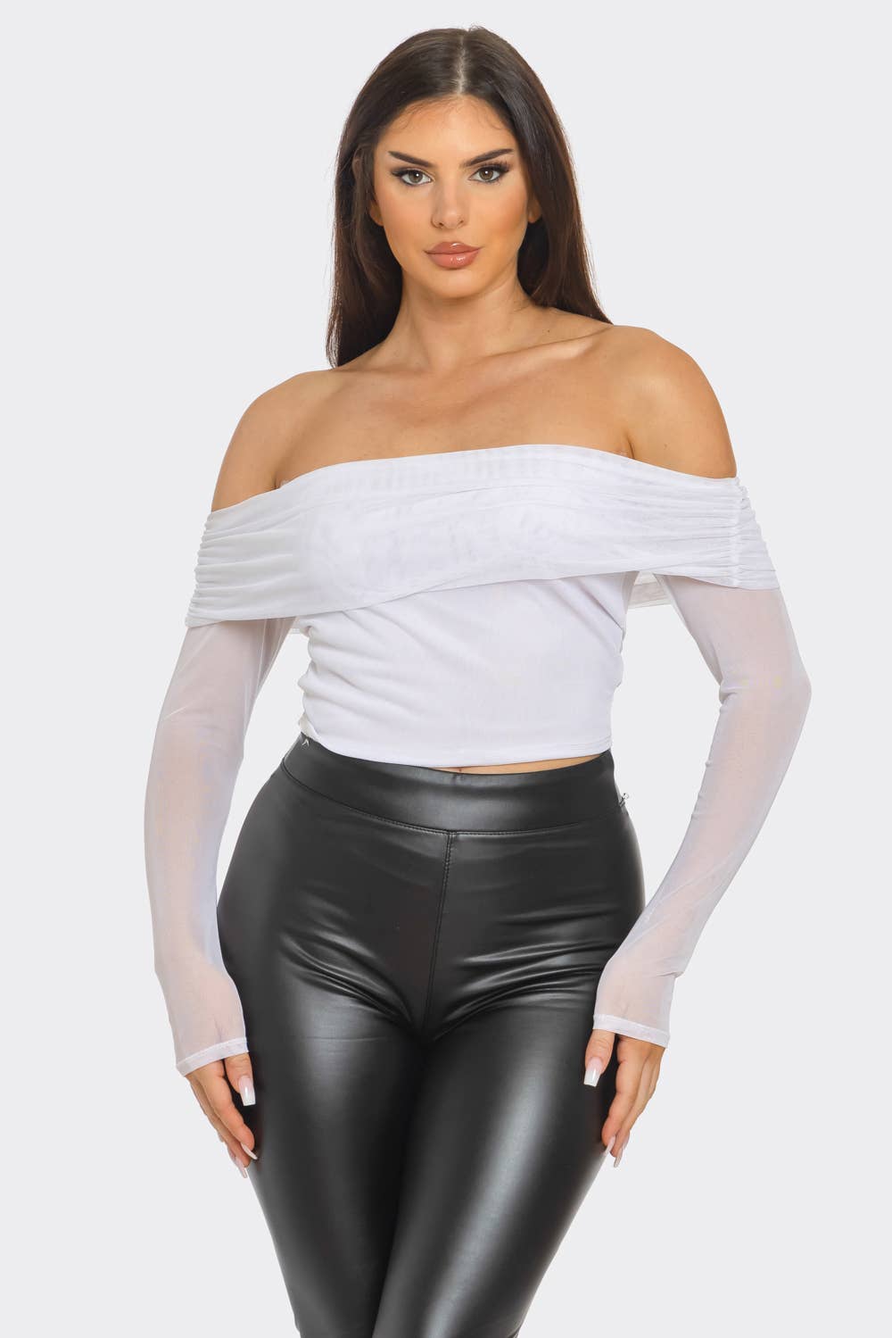 Mesh Front Inside Lining Off Shoulder Shirring Top