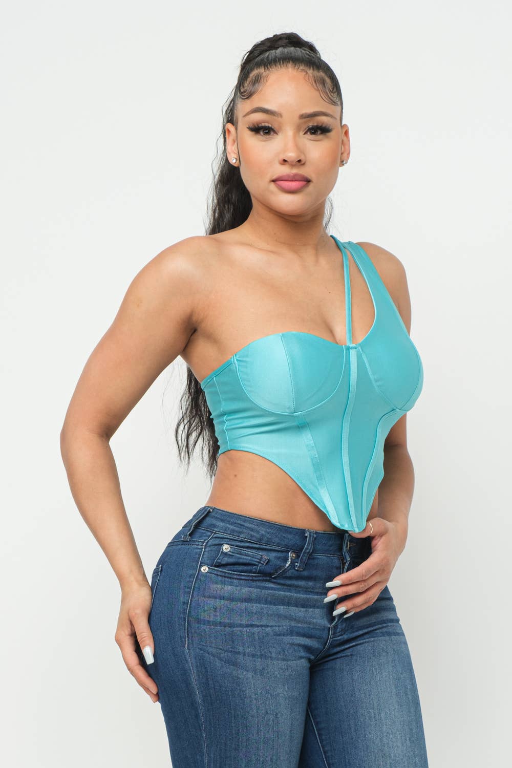 Boned Bodice Corset Style One Shoulder Crop Top