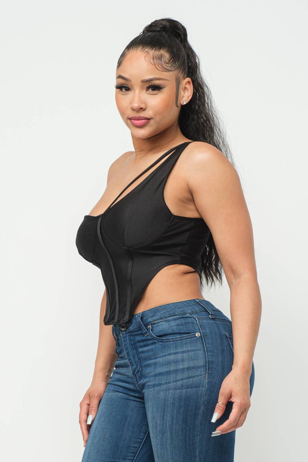 Boned Bodice Corset Style One Shoulder Crop Top