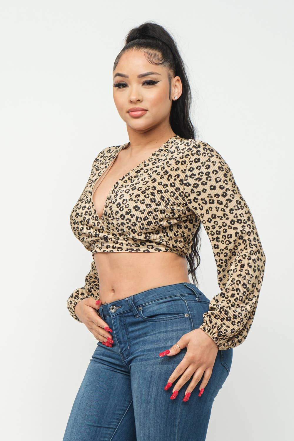 Plisse Cheetah Print Open Front Deep V-Neck Top