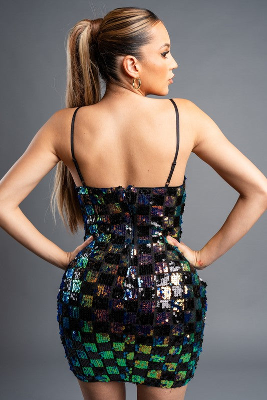 SEXY HOLOGRAM CHECK PATTERN SEQUINS
TANK DRESS