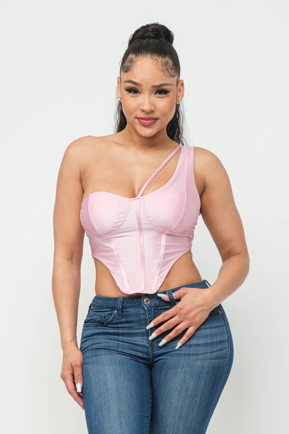 Boned Bodice Corset Style One Shoulder Crop Top