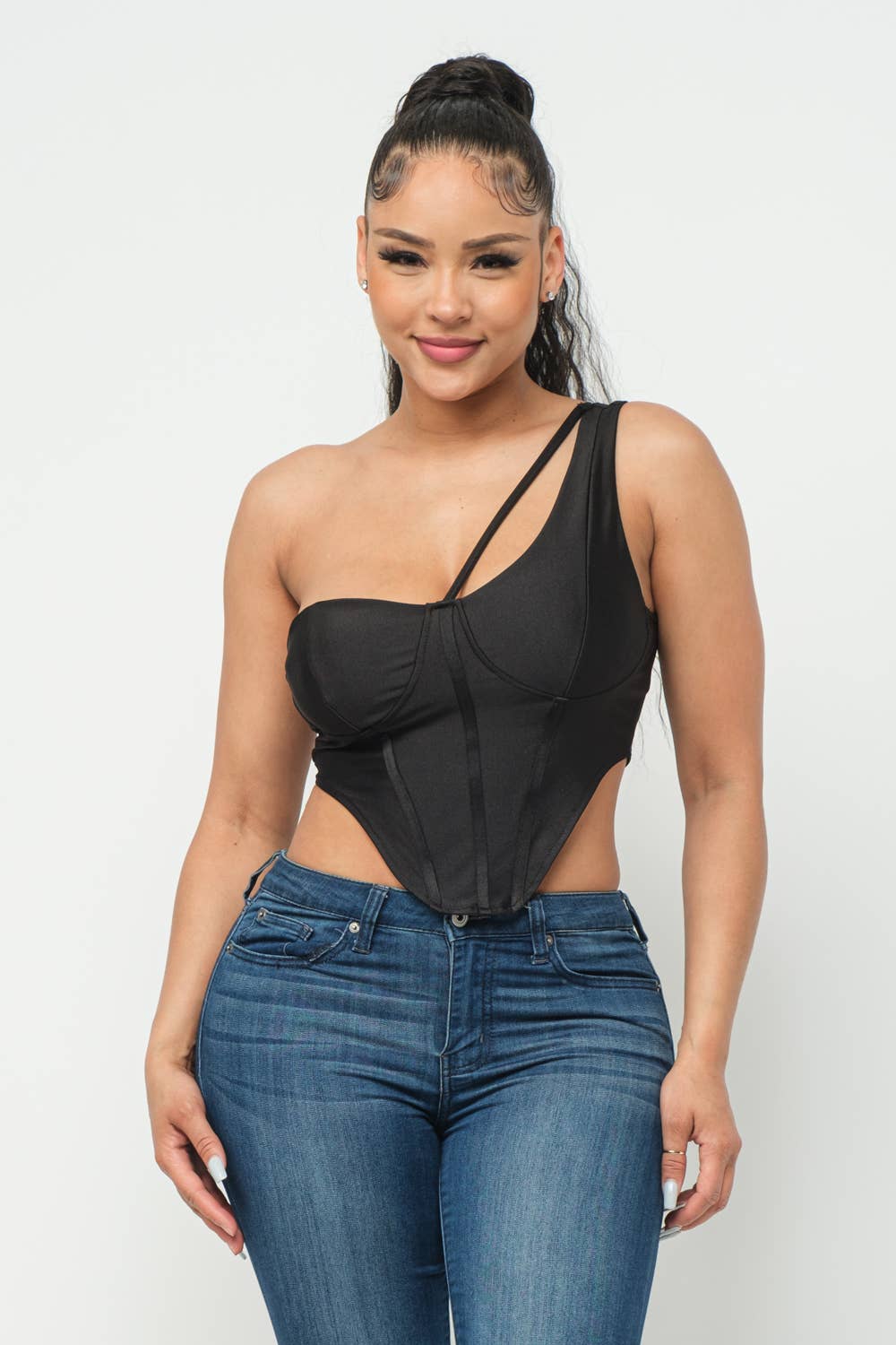 Boned Bodice Corset Style One Shoulder Crop Top