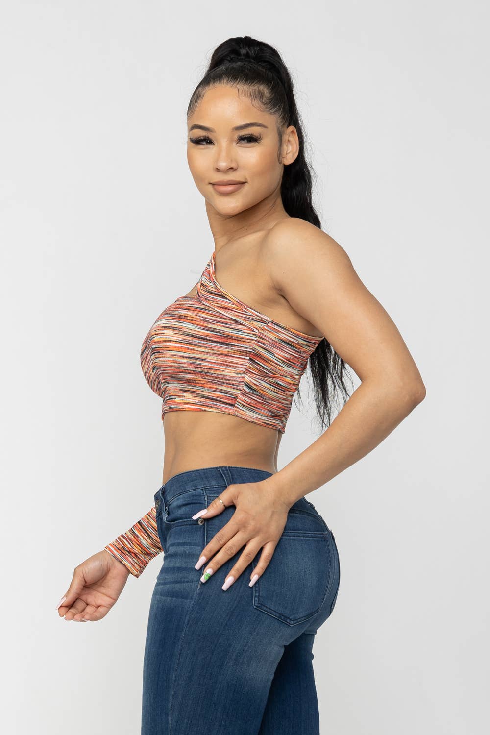 Space Dye One Shoulder Cut Out Detail Crop Top