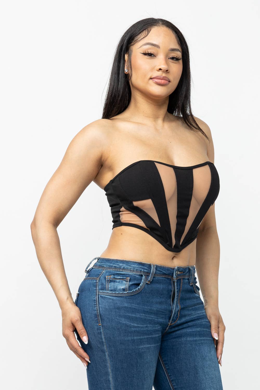 Front Contrast Power Mesh Corset Style Detail Top