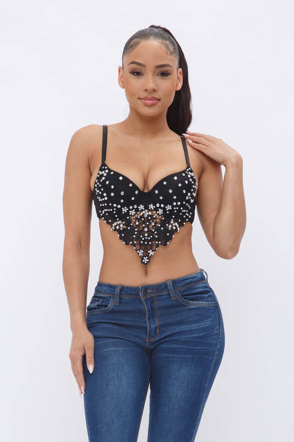 Rhinestone Lave Detail Padded Hanky Bustier Top