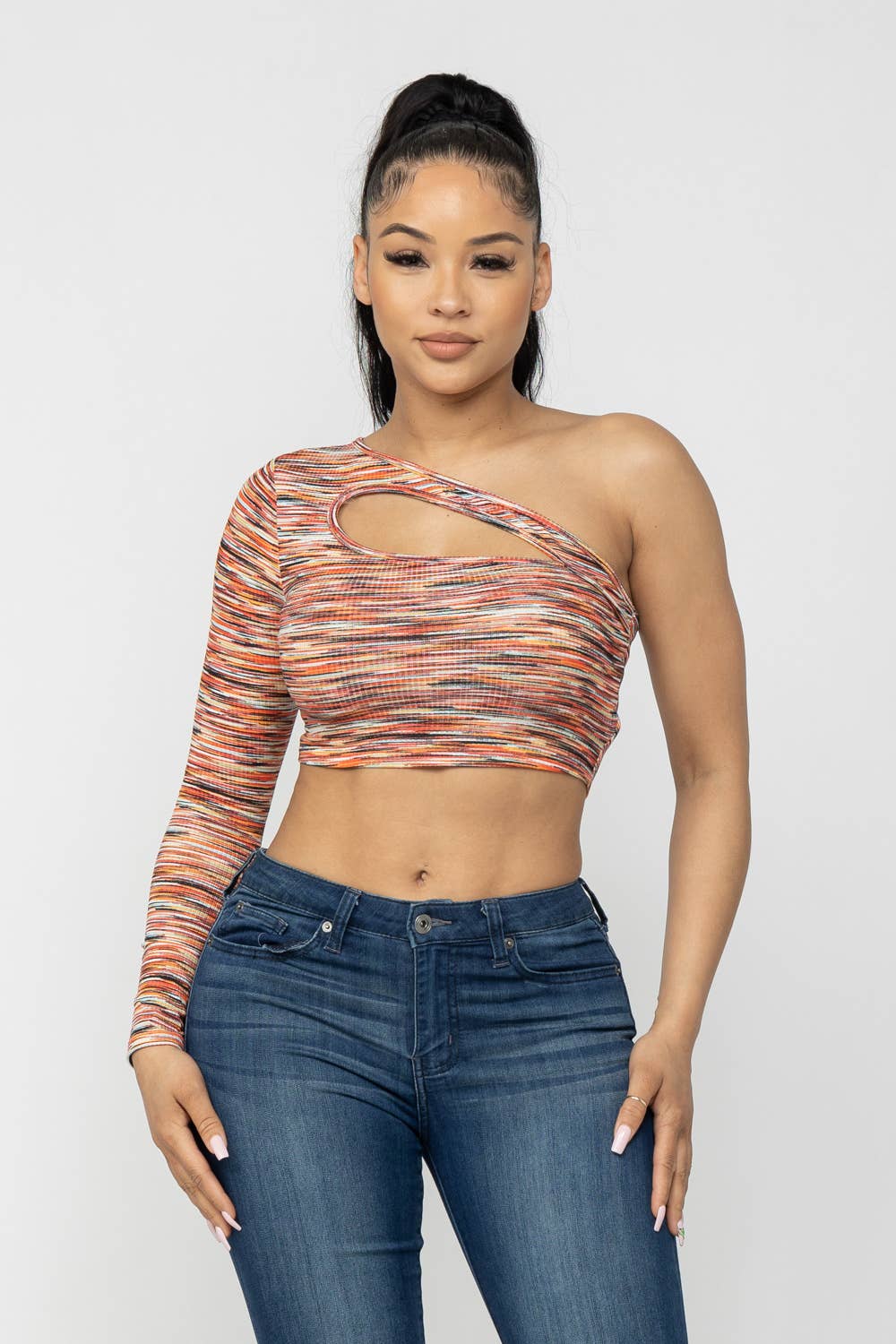 Space Dye One Shoulder Cut Out Detail Crop Top