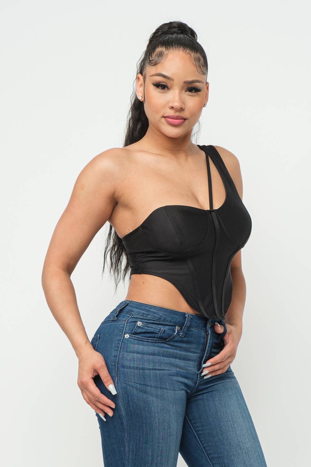 Boned Bodice Corset Style One Shoulder Crop Top
