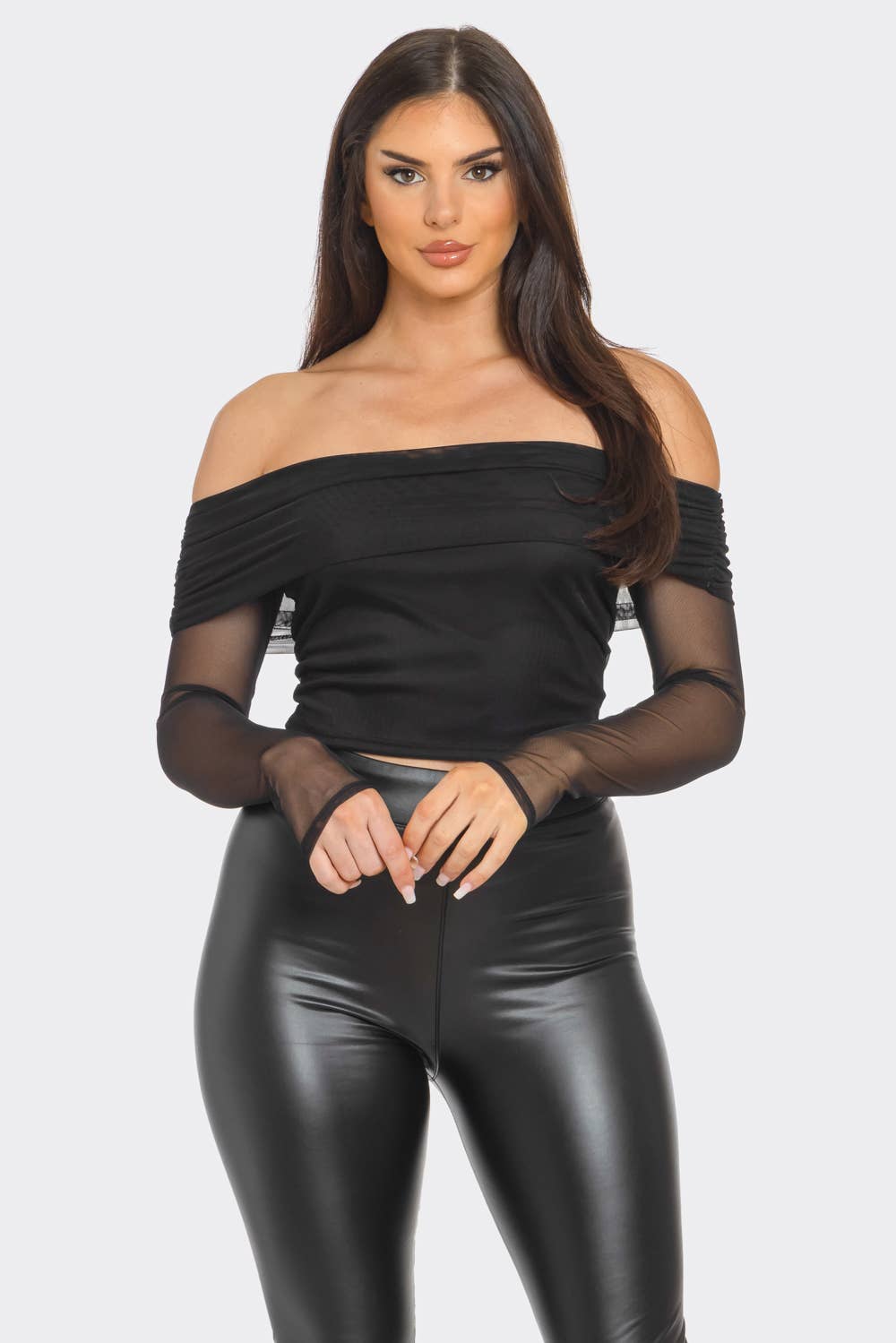 Mesh Front Inside Lining Off Shoulder Shirring Top
