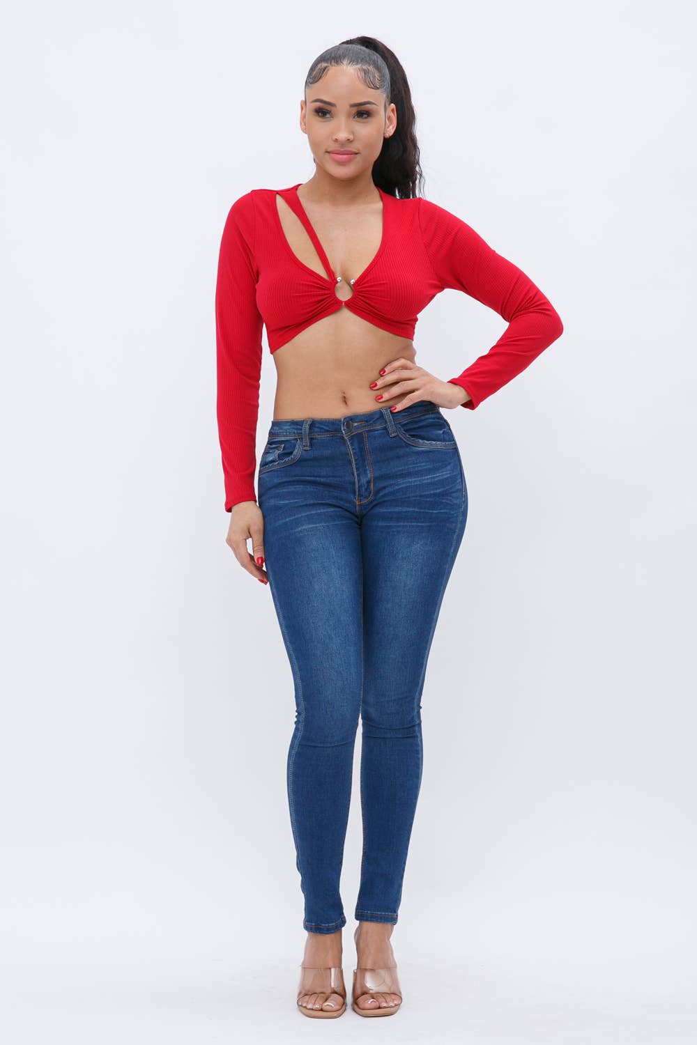 Rib Front Cut Out Shoulder O Ring Trim Long Sleeve Crop Top