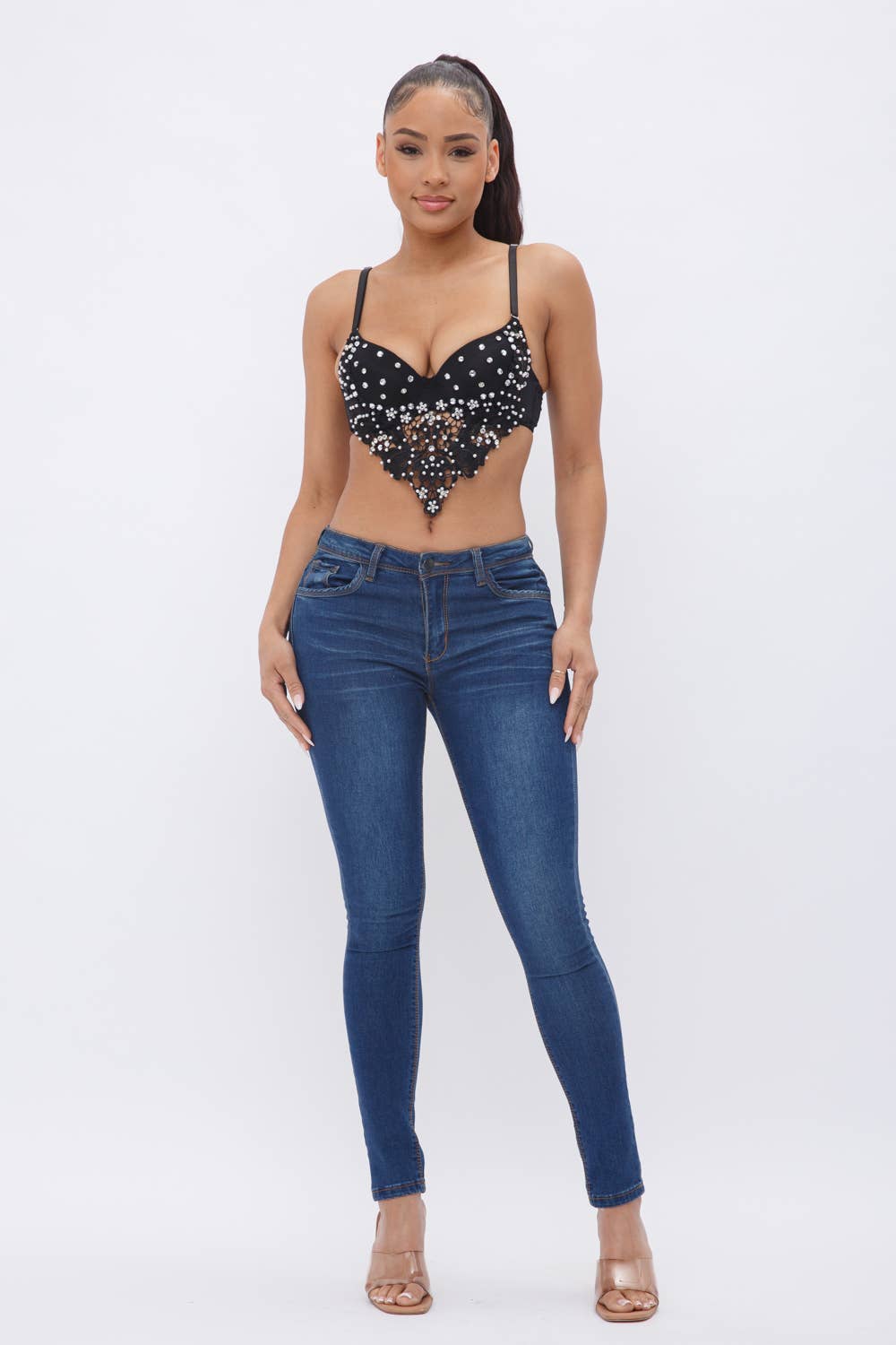 Rhinestone Lave Detail Padded Hanky Bustier Top
