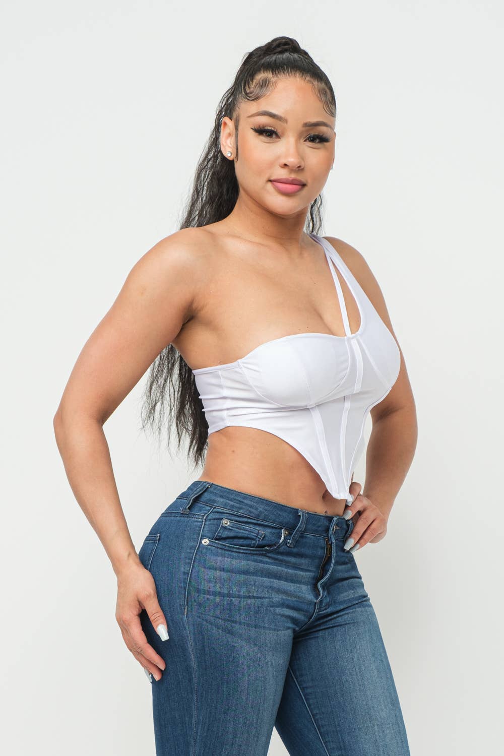 Boned Bodice Corset Style One Shoulder Crop Top