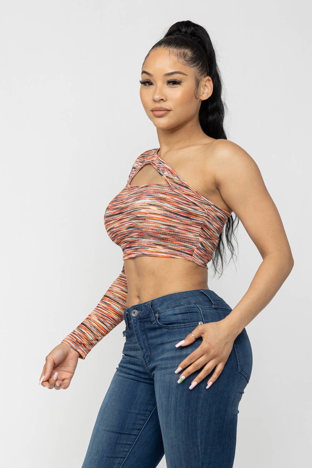 Space Dye One Shoulder Cut Out Detail Crop Top