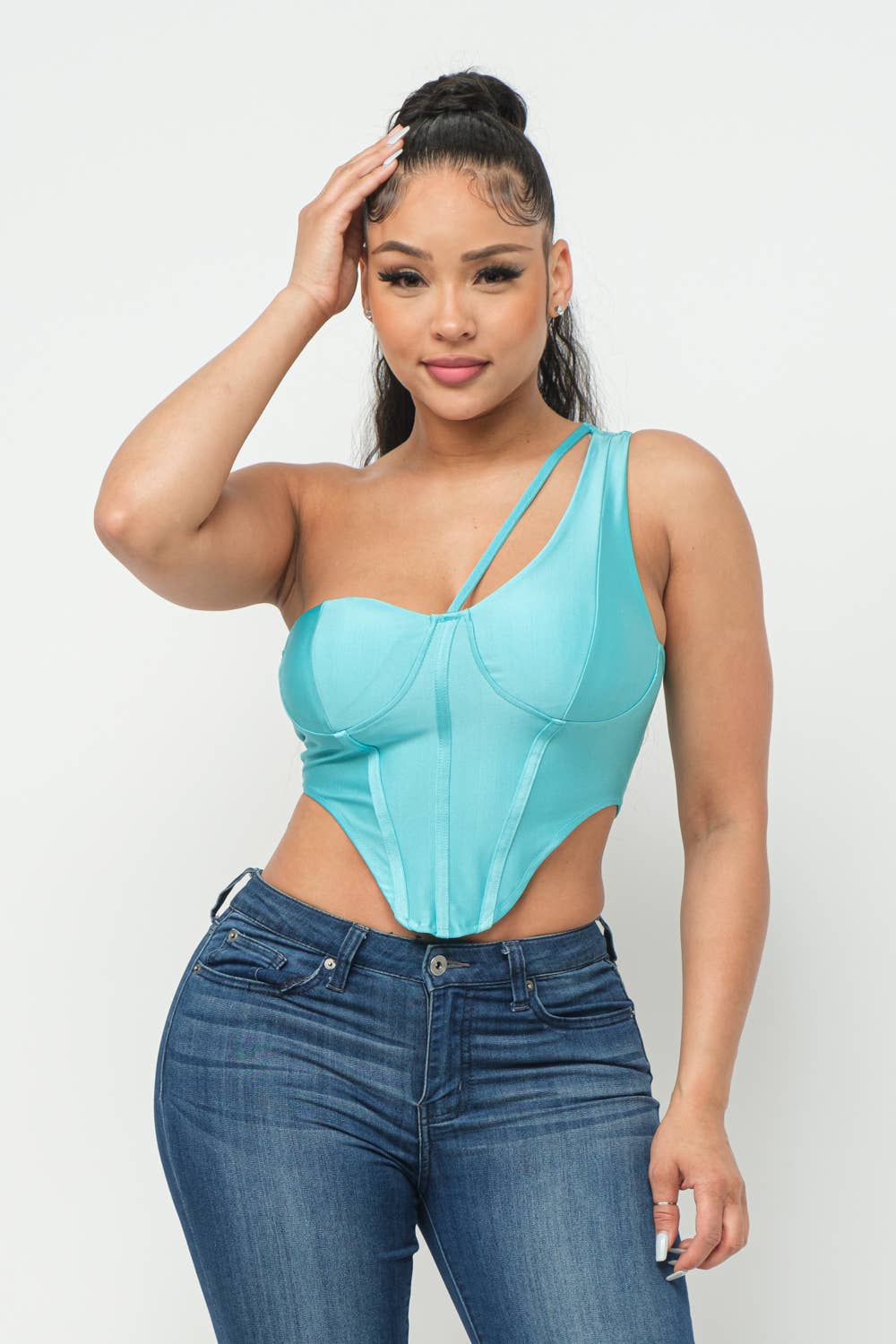 Boned Bodice Corset Style One Shoulder Crop Top