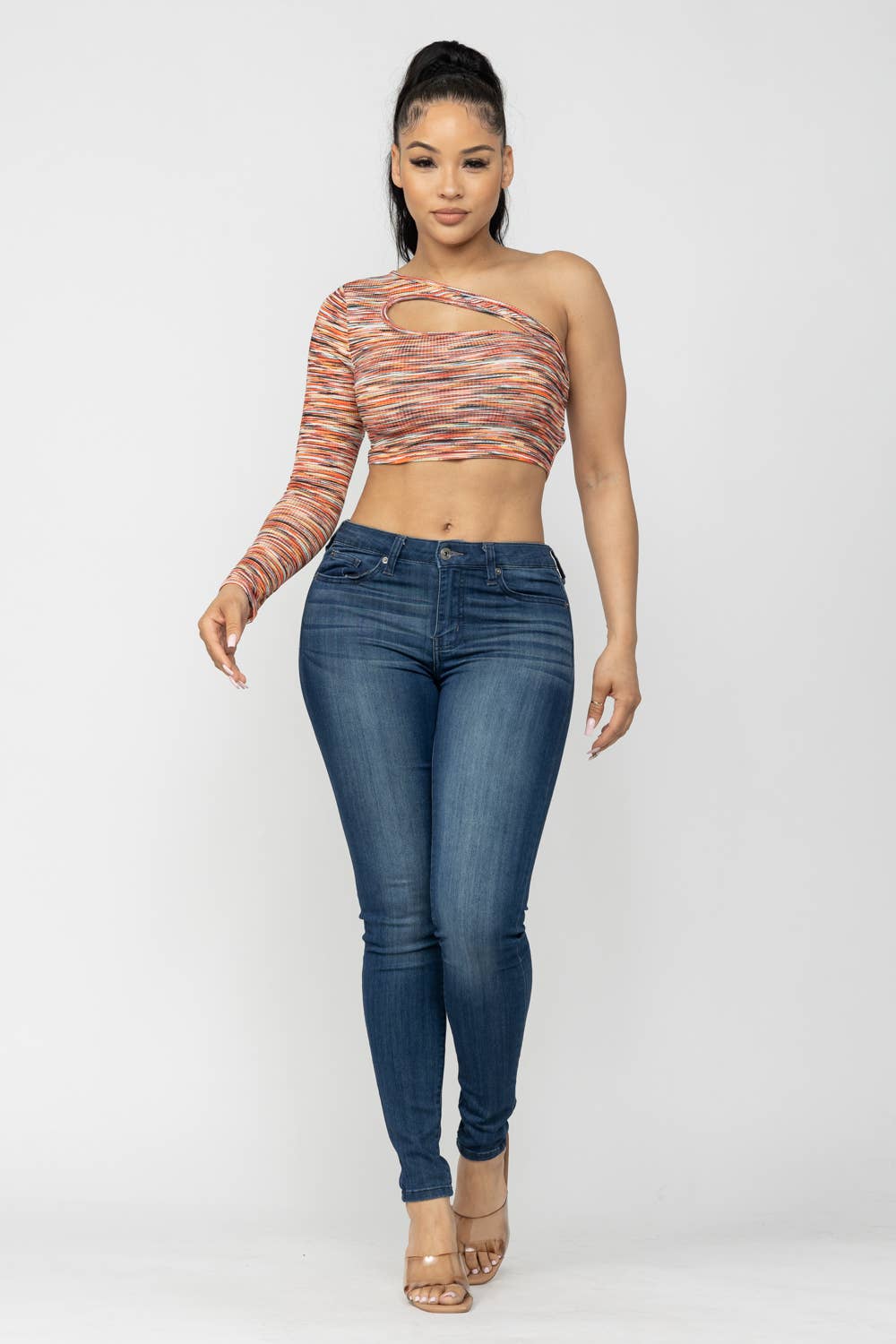 Space Dye One Shoulder Cut Out Detail Crop Top