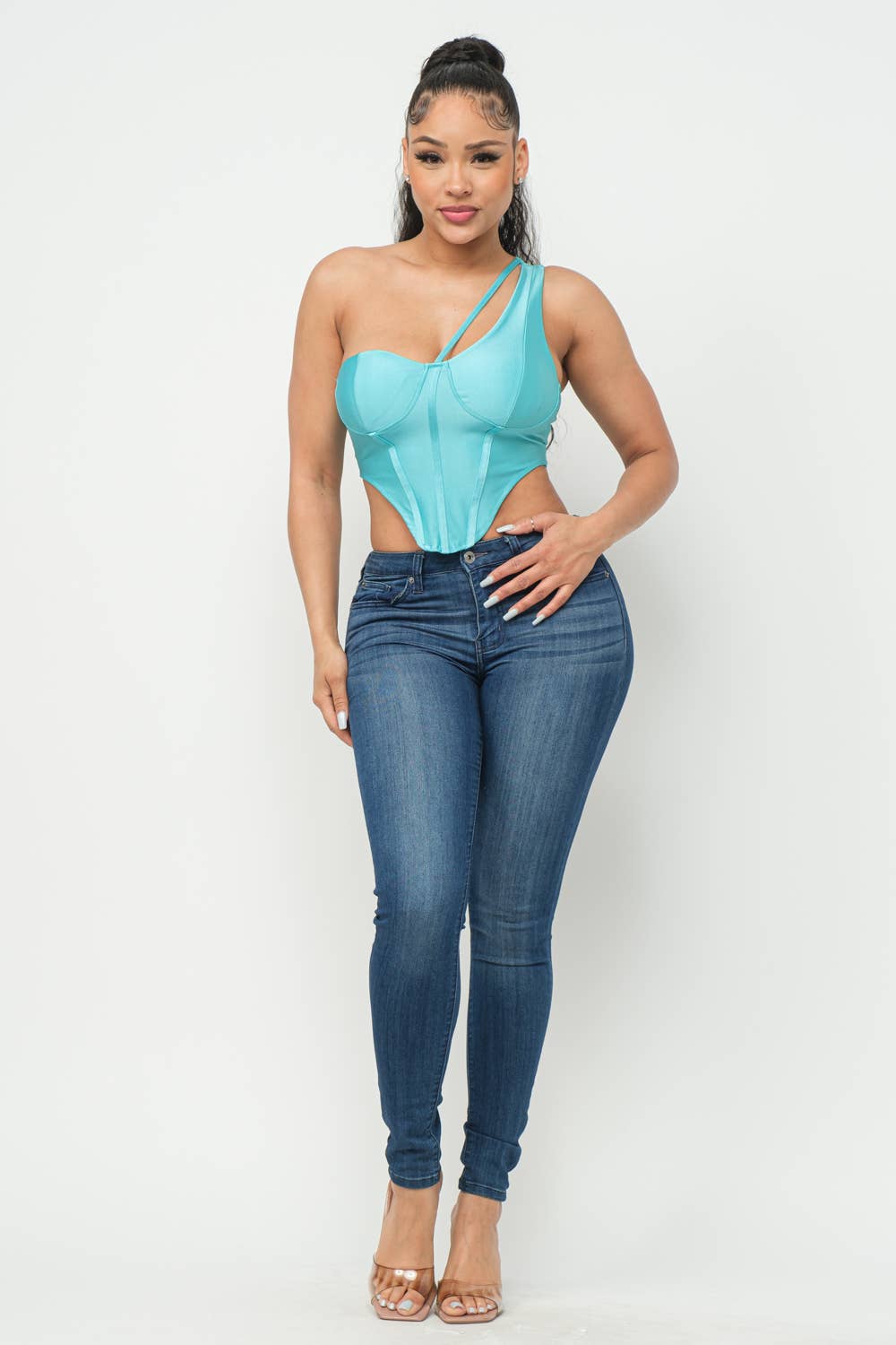 Boned Bodice Corset Style One Shoulder Crop Top