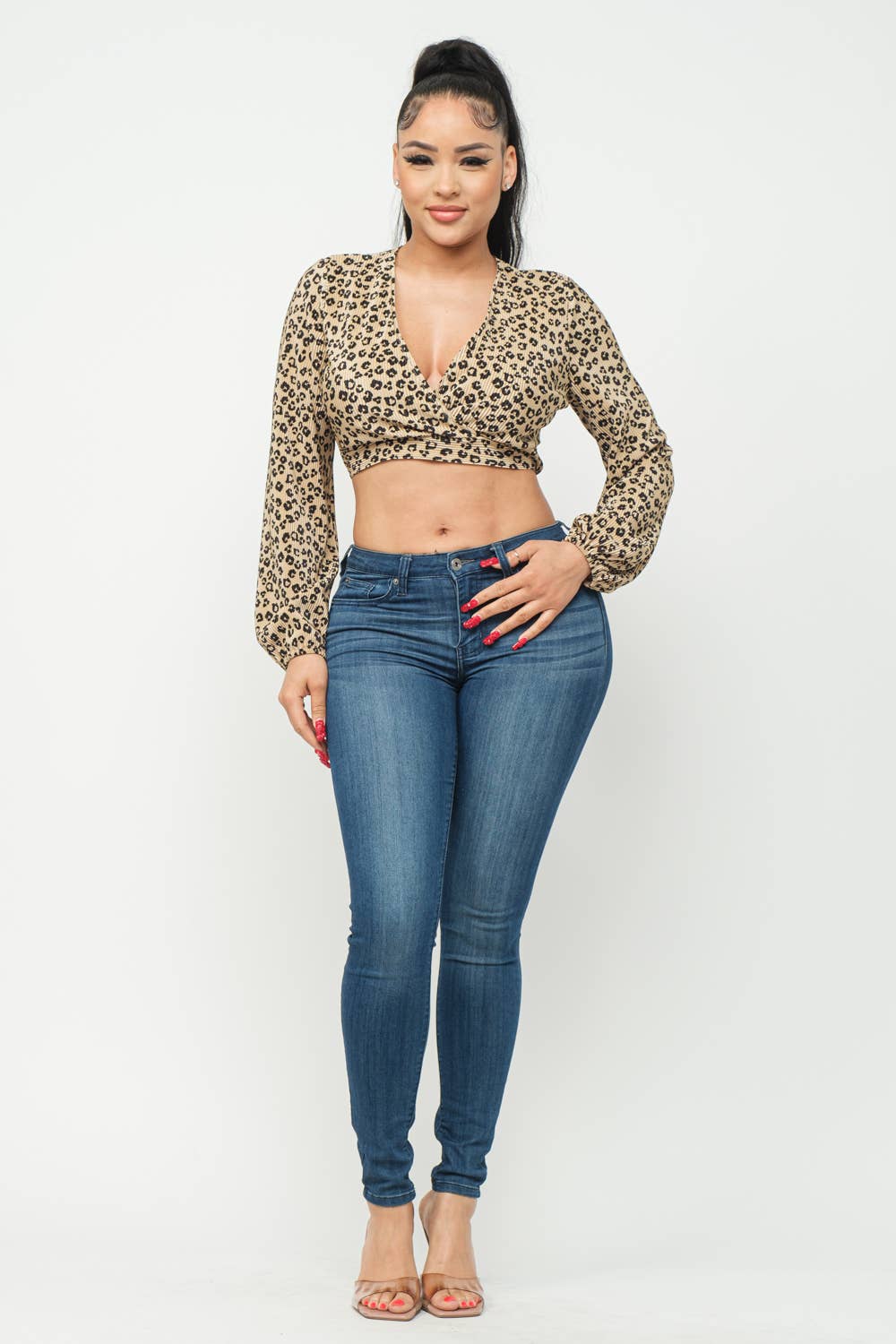 Plisse Cheetah Print Open Front Deep V-Neck Top