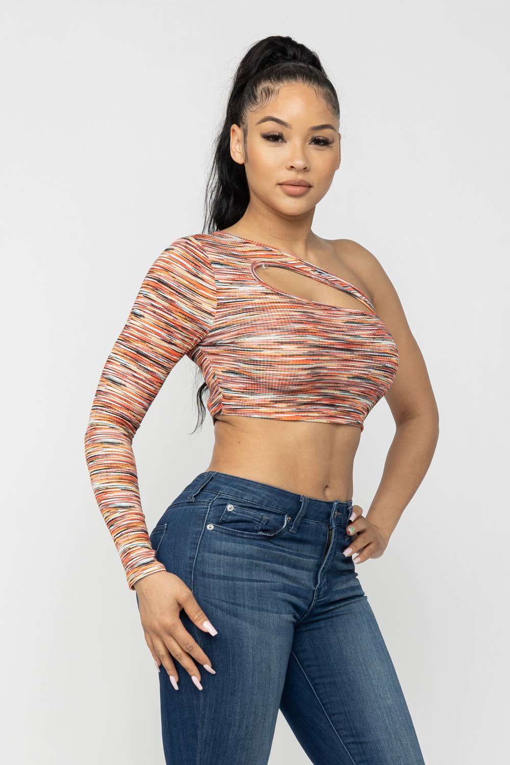Space Dye One Shoulder Cut Out Detail Crop Top