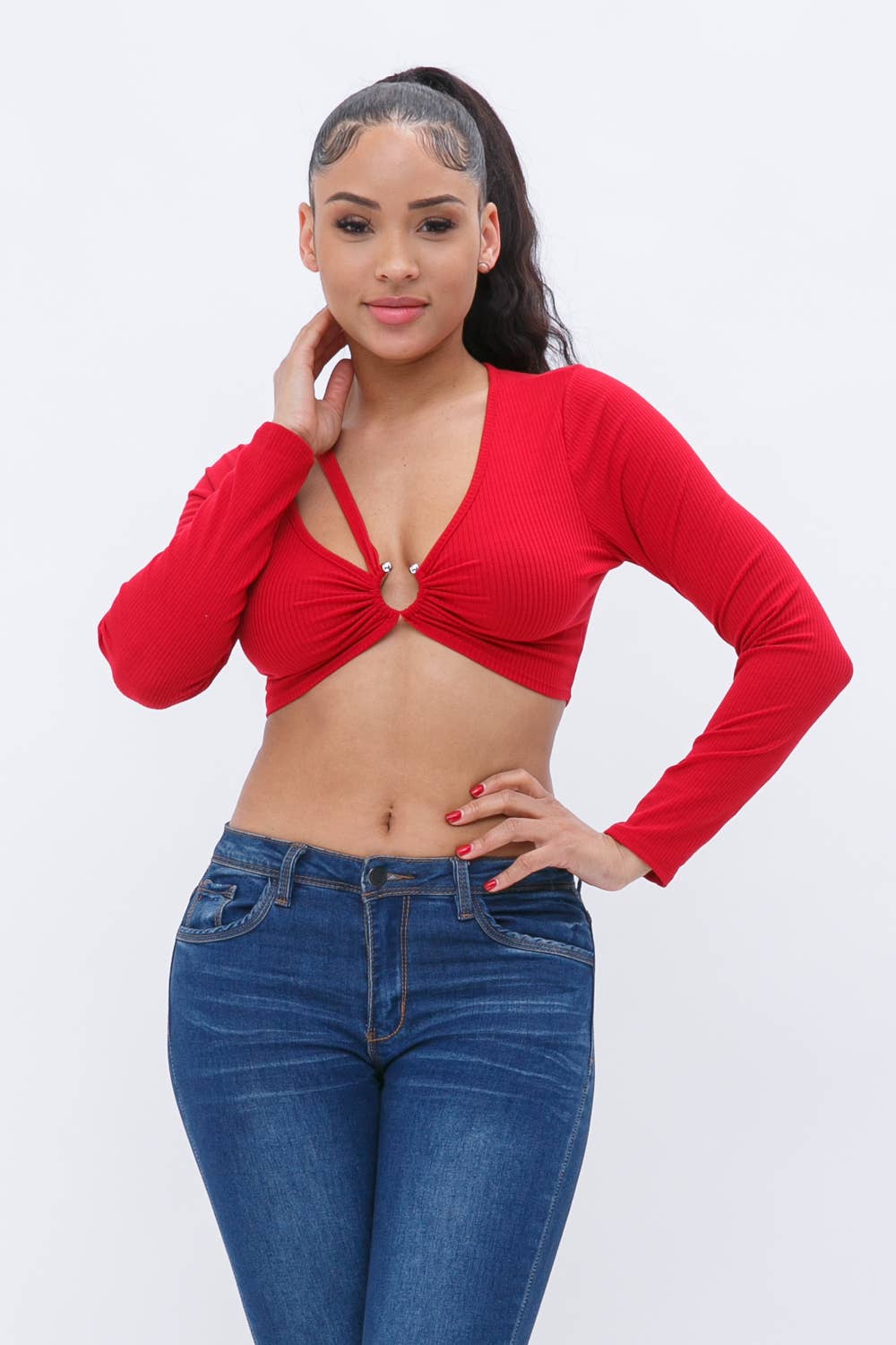 Rib Front Cut Out Shoulder O Ring Trim Long Sleeve Crop Top
