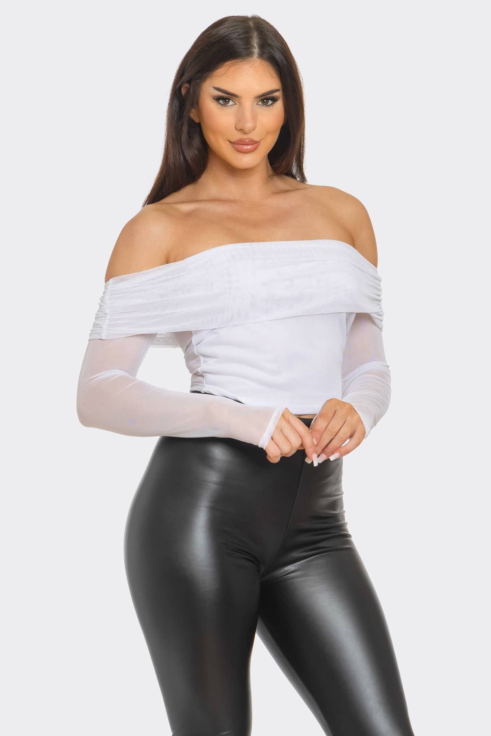 Mesh Front Inside Lining Off Shoulder Shirring Top