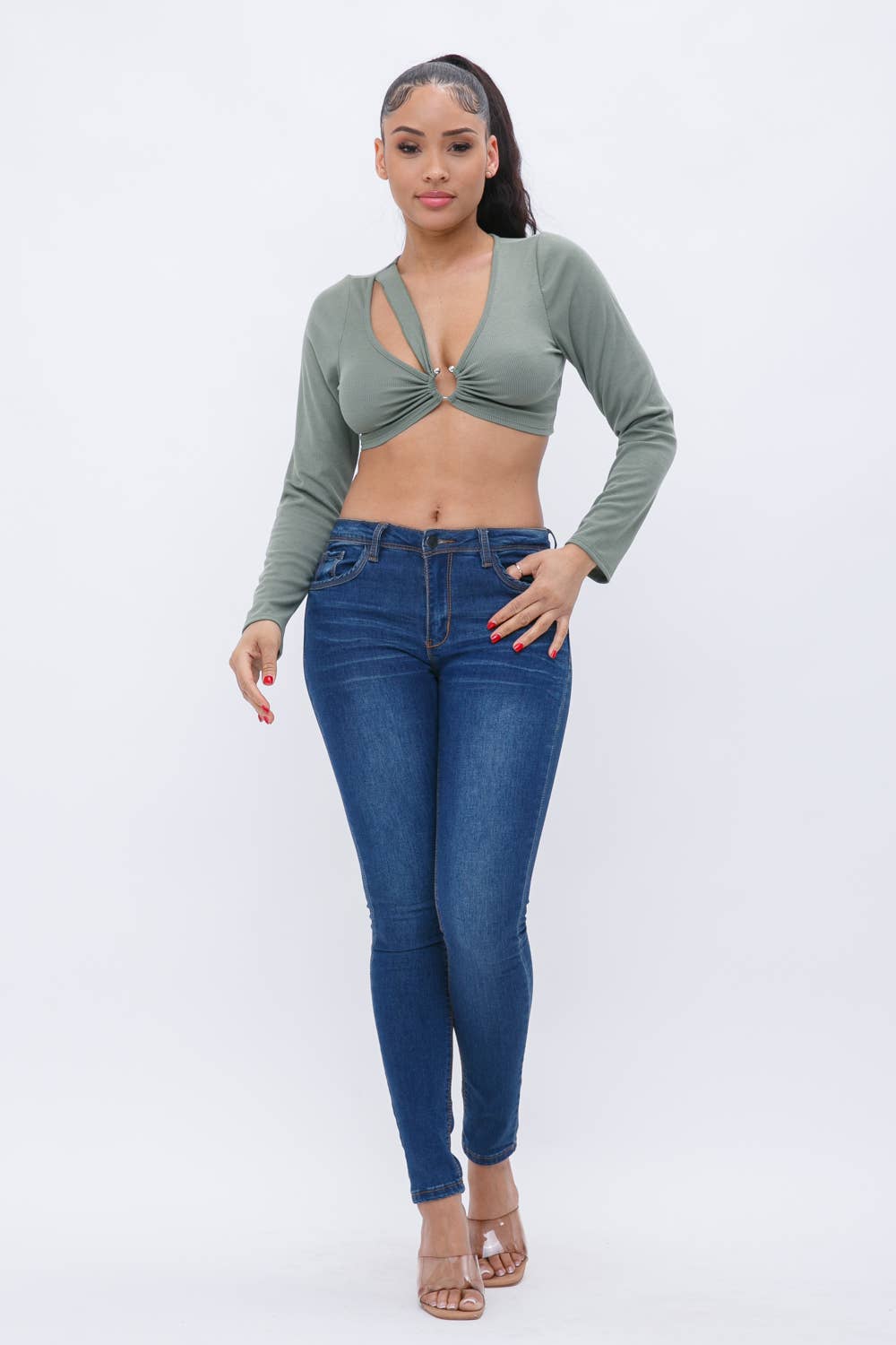 Rib Front Cut Out Shoulder O Ring Trim Long Sleeve Crop Top