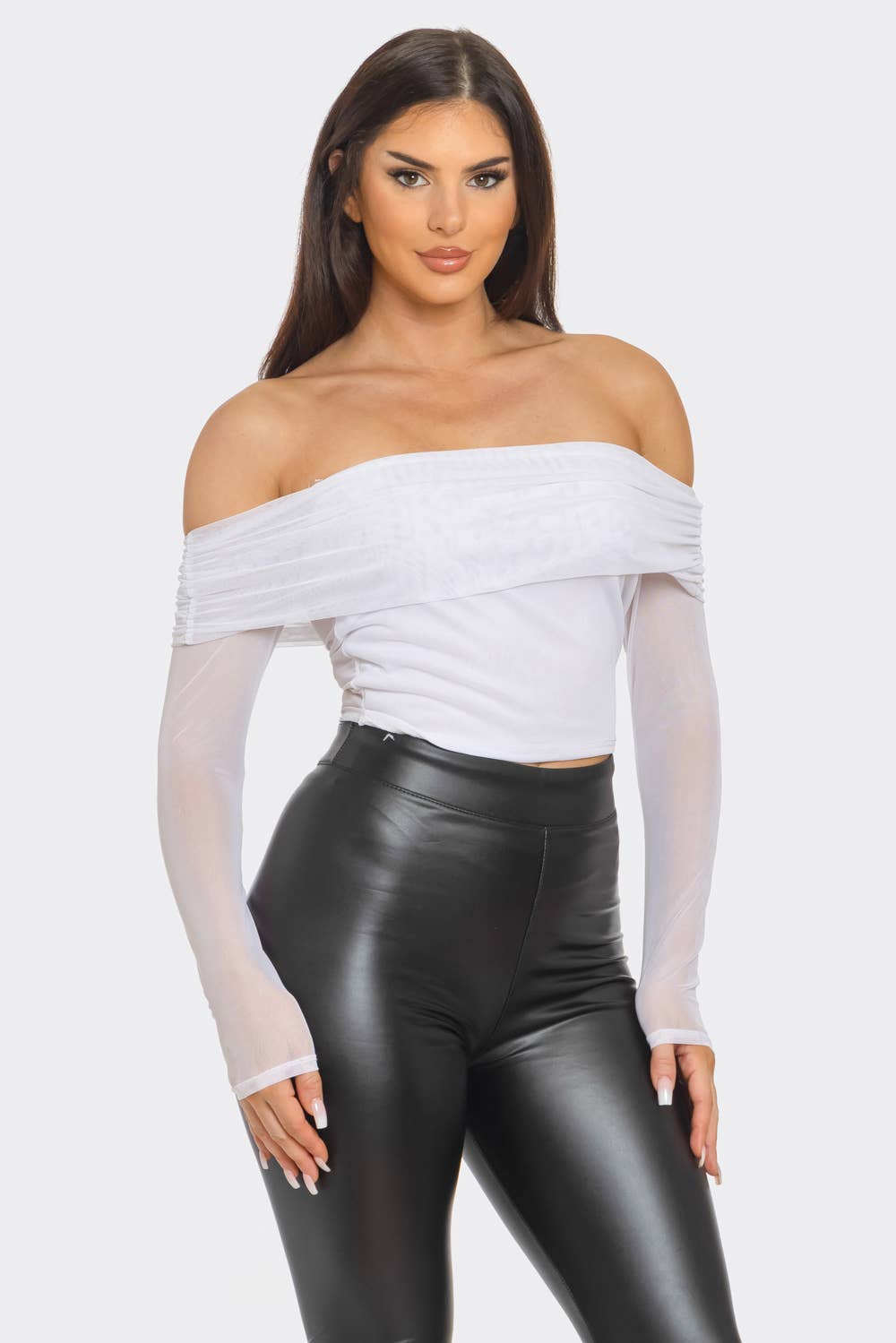 Mesh Front Inside Lining Off Shoulder Shirring Top
